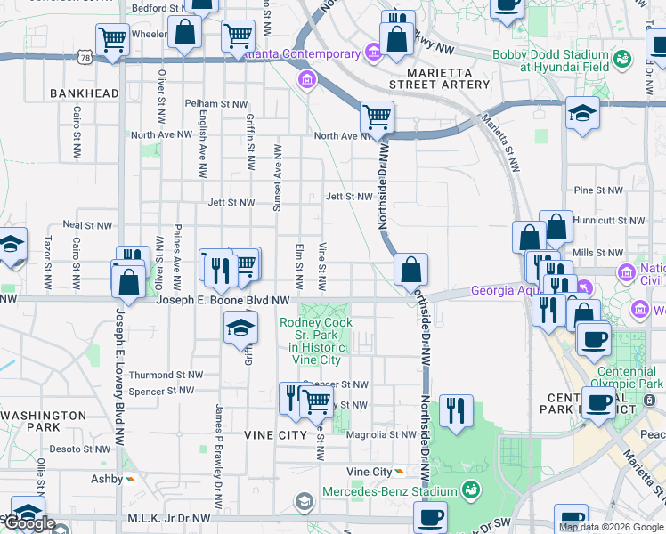 map of restaurants, bars, coffee shops, grocery stores, and more near 662 Walnut Street Northwest in Atlanta