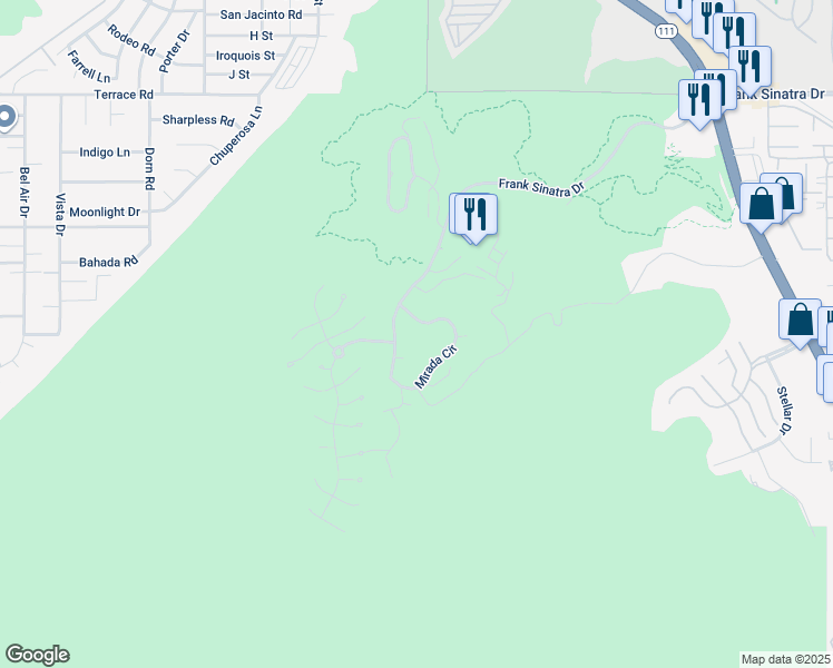 map of restaurants, bars, coffee shops, grocery stores, and more near 45 Mirada Circle in Rancho Mirage