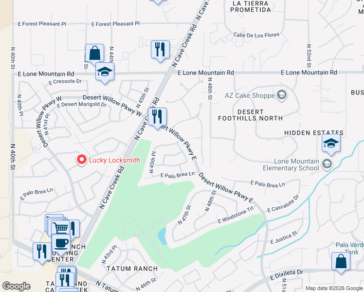 map of restaurants, bars, coffee shops, grocery stores, and more near 30651 North 46th Place in Cave Creek