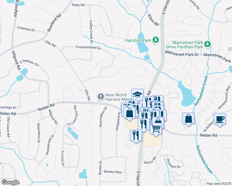 map of restaurants, bars, coffee shops, grocery stores, and more near 1025 Autumn Crest Court in Stone Mountain