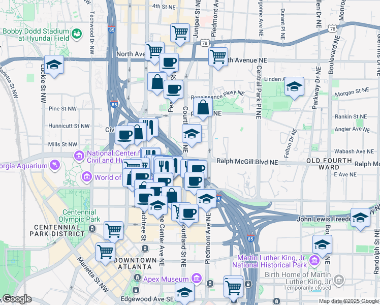 map of restaurants, bars, coffee shops, grocery stores, and more near 390 Courtland Street Northeast in Atlanta