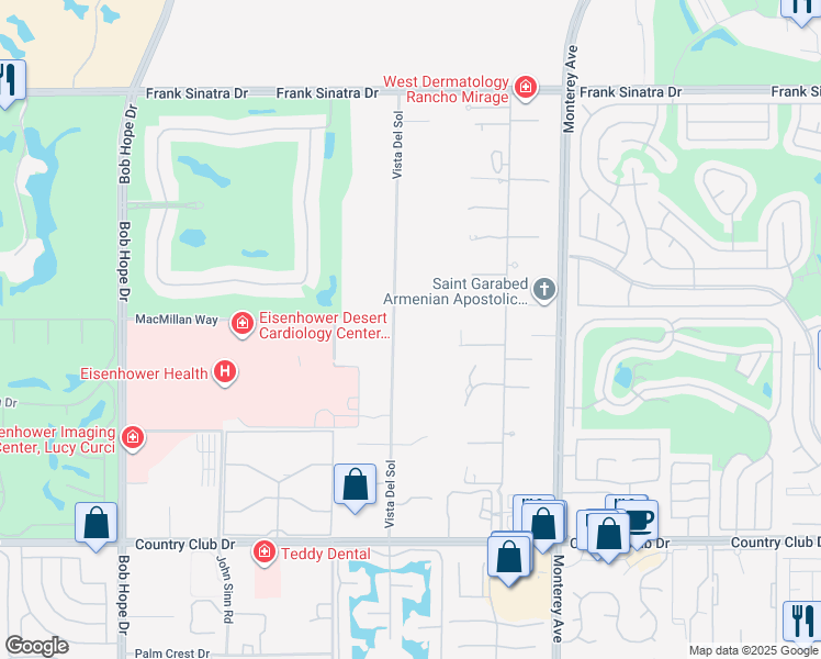 map of restaurants, bars, coffee shops, grocery stores, and more near Vista Del Sol in Rancho Mirage