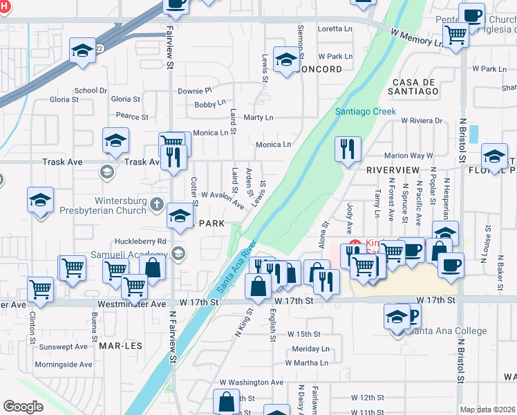 map of restaurants, bars, coffee shops, grocery stores, and more near 2113 Lewis Street in Santa Ana