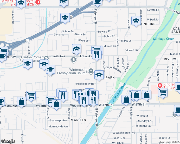 map of restaurants, bars, coffee shops, grocery stores, and more near 30 Avalon Avenue in Garden Grove