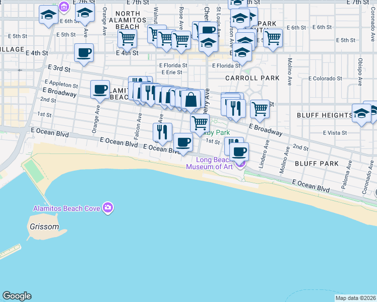 map of restaurants, bars, coffee shops, grocery stores, and more near 1897 East Ocean Boulevard in Long Beach