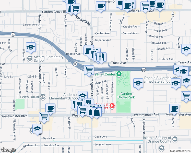 map of restaurants, bars, coffee shops, grocery stores, and more near 9031 Enloe Way in Garden Grove
