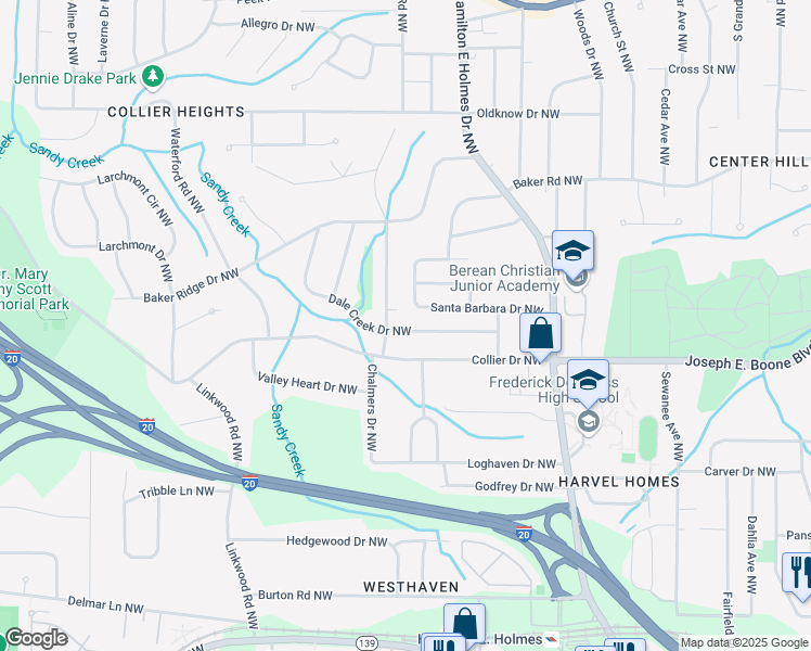 map of restaurants, bars, coffee shops, grocery stores, and more near 2597 Dale Creek Drive Northwest in Atlanta