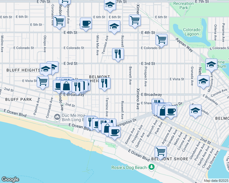 map of restaurants, bars, coffee shops, grocery stores, and more near 235 Belmont Avenue in Long Beach