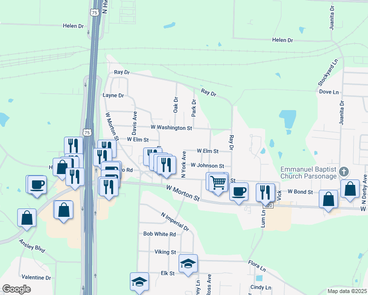 map of restaurants, bars, coffee shops, grocery stores, and more near 2631 West Elm Street in Denison