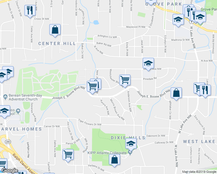 map of restaurants, bars, coffee shops, grocery stores, and more near 2043 Chicago Avenue Northwest in Atlanta