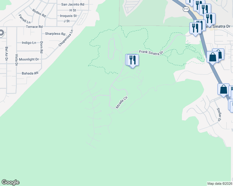 map of restaurants, bars, coffee shops, grocery stores, and more near 45 Mirada Circle in Rancho Mirage
