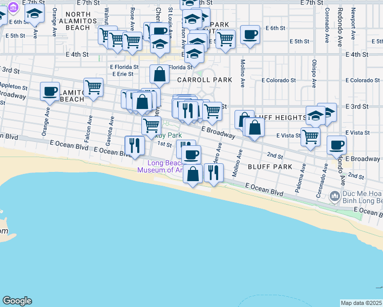 map of restaurants, bars, coffee shops, grocery stores, and more near 2128 East 1st Street in Long Beach