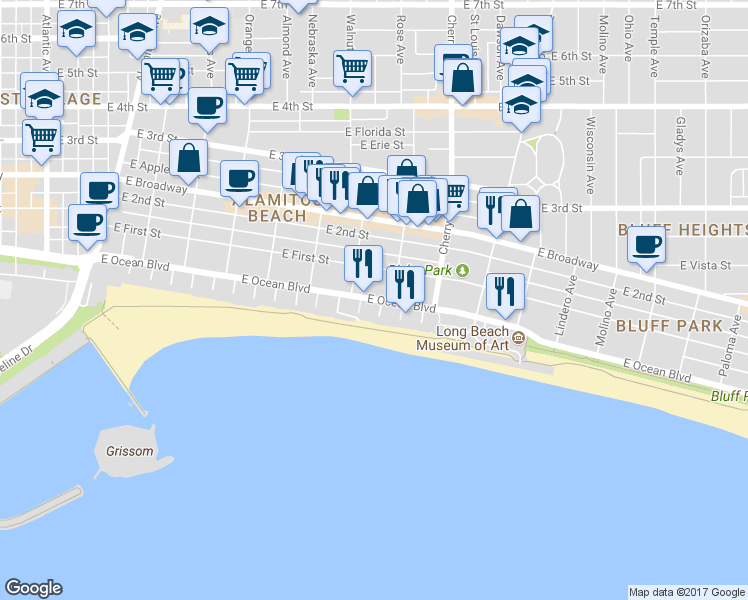 map of restaurants, bars, coffee shops, grocery stores, and more near 1719 East Ocean Boulevard in Long Beach
