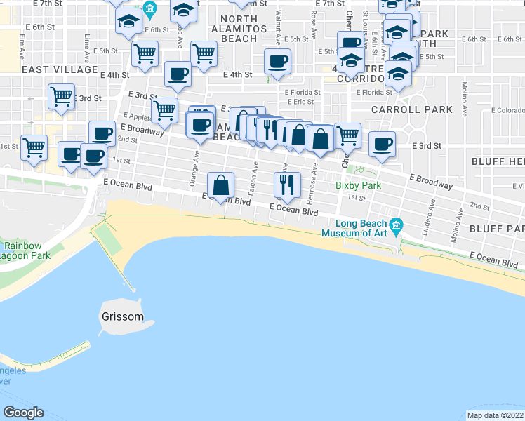 map of restaurants, bars, coffee shops, grocery stores, and more near 1610 East Ocean Boulevard in Long Beach