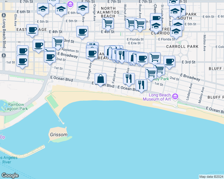 map of restaurants, bars, coffee shops, grocery stores, and more near 1400 East Ocean Boulevard in Long Beach