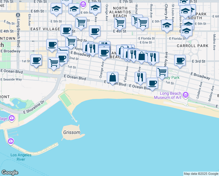 map of restaurants, bars, coffee shops, grocery stores, and more near 32 7th Place in Long Beach
