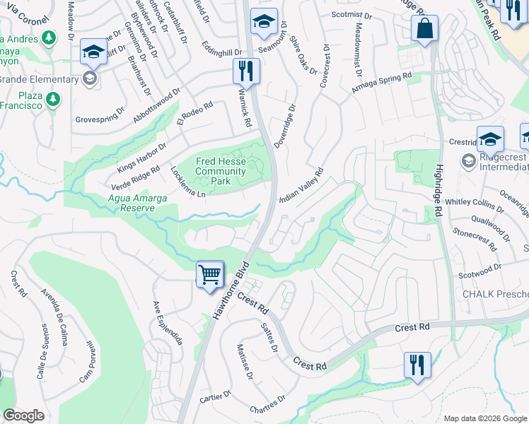 map of restaurants, bars, coffee shops, grocery stores, and more near 29520 Driftwood Lane in Rancho Palos Verdes