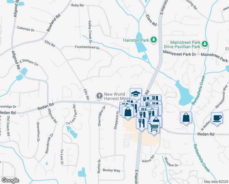 map of restaurants, bars, coffee shops, grocery stores, and more near 1025 Autumn Crest Court in Stone Mountain