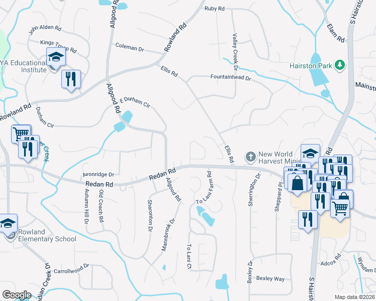 map of restaurants, bars, coffee shops, grocery stores, and more near 1027 Oakwood Chase Circle in Stone Mountain