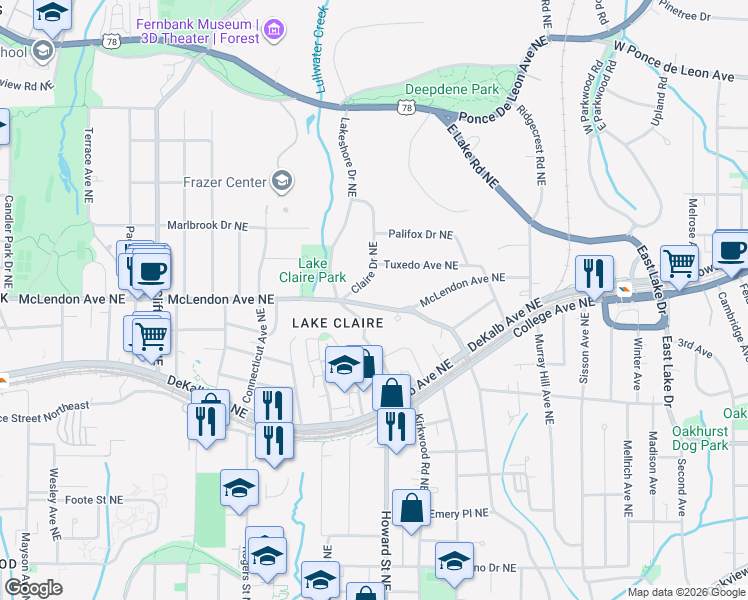 map of restaurants, bars, coffee shops, grocery stores, and more near 401 Claire Drive Northeast in Atlanta