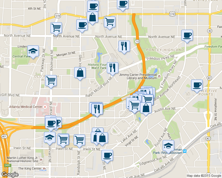 map of restaurants, bars, coffee shops, grocery stores, and more near 383 Ashley Avenue Northeast in Atlanta