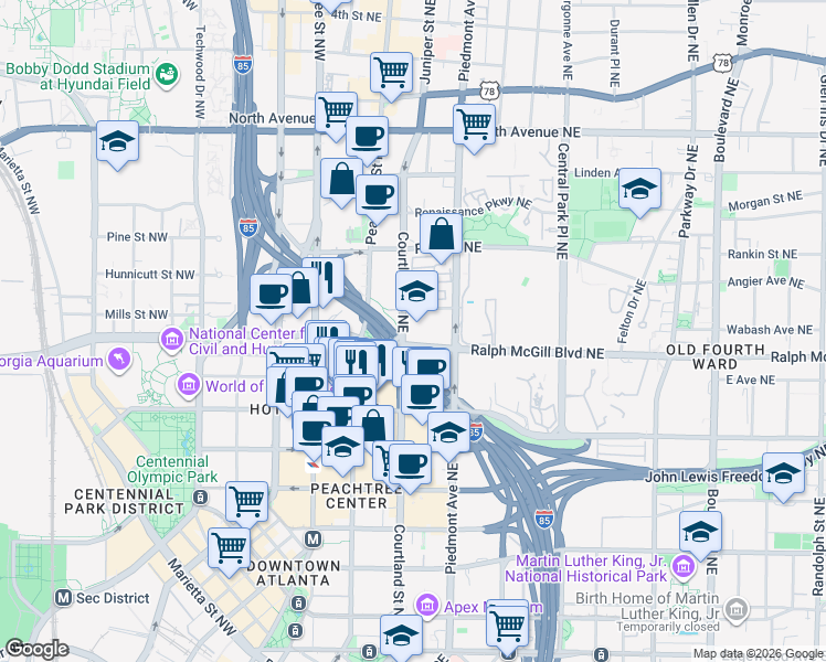 map of restaurants, bars, coffee shops, grocery stores, and more near 390 Courtland Street Northeast in Atlanta