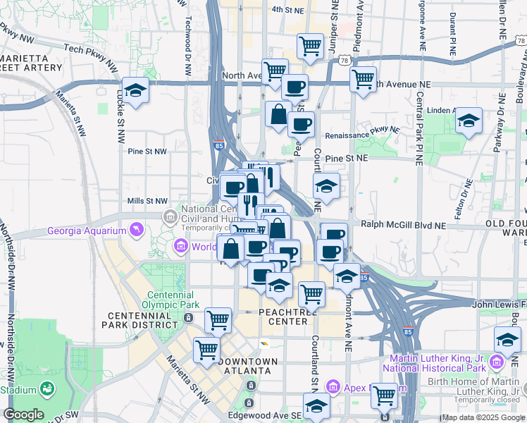 map of restaurants, bars, coffee shops, grocery stores, and more near in Atlanta