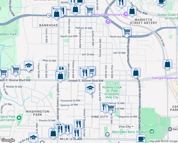 map of restaurants, bars, coffee shops, grocery stores, and more near 375 James P Brawley Drive Northwest in Atlanta