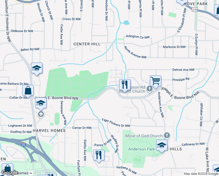 map of restaurants, bars, coffee shops, grocery stores, and more near 2125 Joseph E. Boone Boulevard Northwest in Atlanta