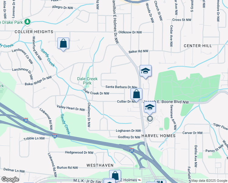 map of restaurants, bars, coffee shops, grocery stores, and more near 2529 Dale Creek Drive Northwest in Atlanta