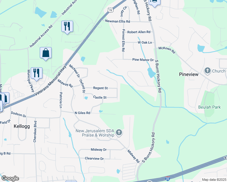 map of restaurants, bars, coffee shops, grocery stores, and more near 3948 Regent Street in Douglasville