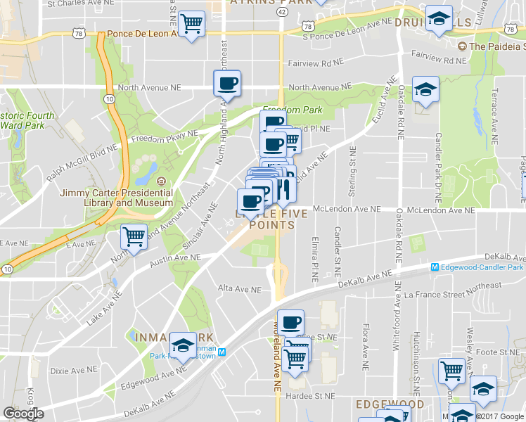 map of restaurants, bars, coffee shops, grocery stores, and more near 1136 Euclid Ave NE in Atlanta