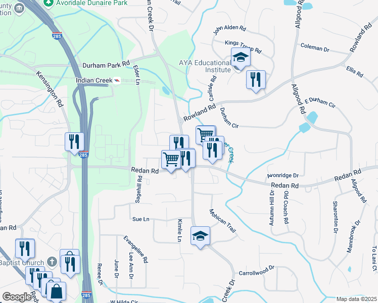 map of restaurants, bars, coffee shops, grocery stores, and more near 1113 South Indian Creek Drive in Stone Mountain