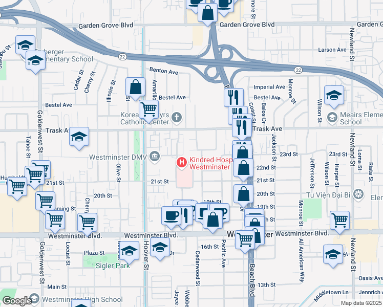 map of restaurants, bars, coffee shops, grocery stores, and more near 7712 24th Street in Westminster