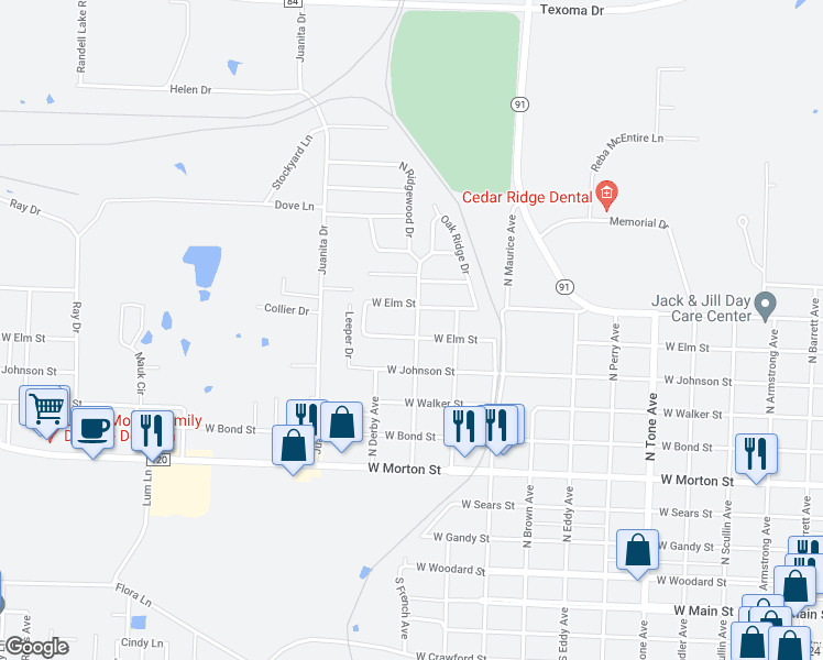 map of restaurants, bars, coffee shops, grocery stores, and more near 900 North Bush Avenue in Denison