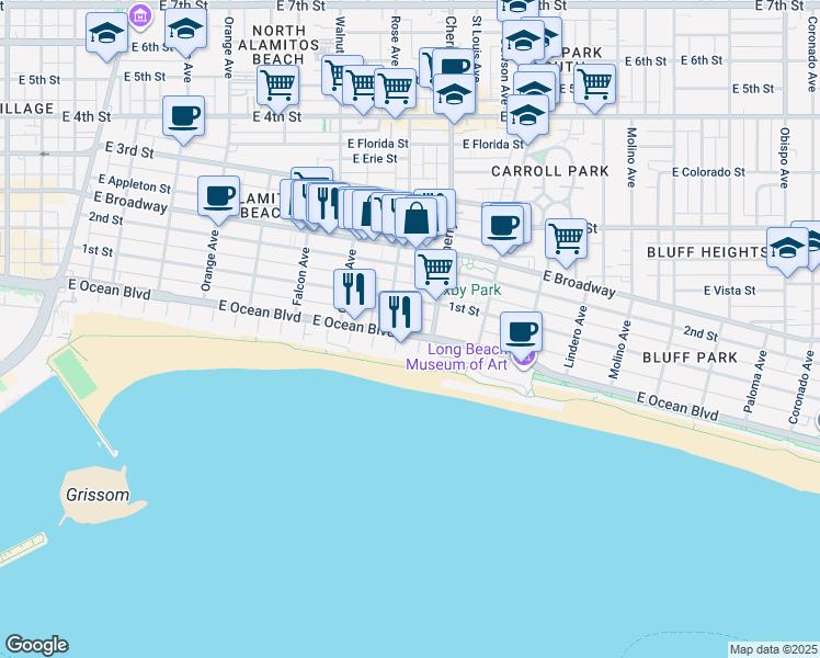 map of restaurants, bars, coffee shops, grocery stores, and more near 1897 East Ocean Boulevard in Long Beach