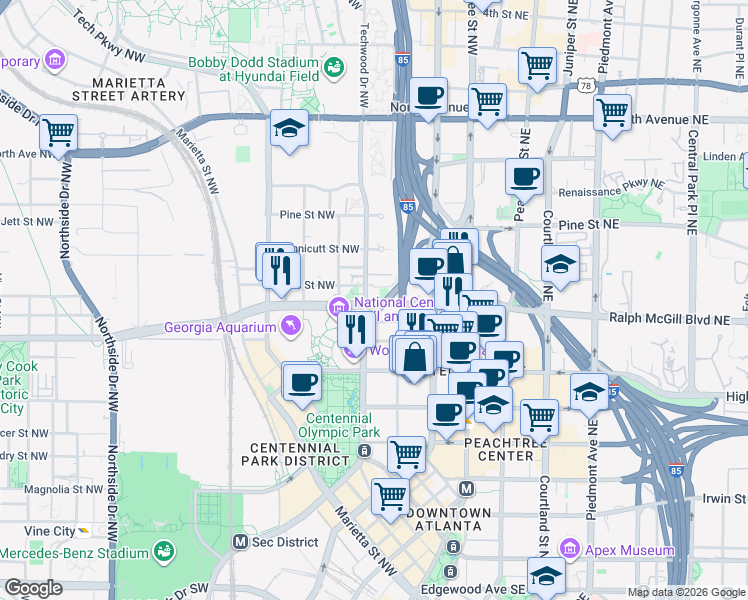map of restaurants, bars, coffee shops, grocery stores, and more near 355 Centennial Olympic Park Drive Northwest in Atlanta