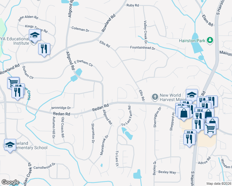 map of restaurants, bars, coffee shops, grocery stores, and more near 1027 Oakwood Chase Circle in Stone Mountain