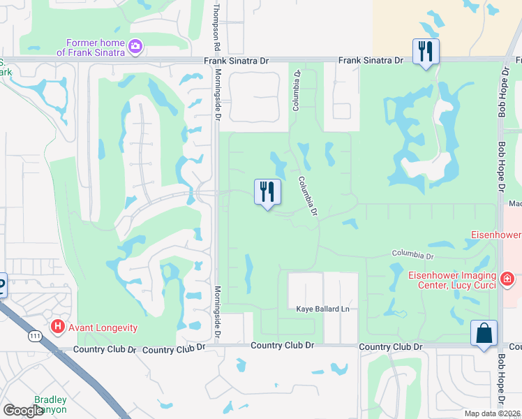 map of restaurants, bars, coffee shops, grocery stores, and more near 14 Duke Drive in Rancho Mirage