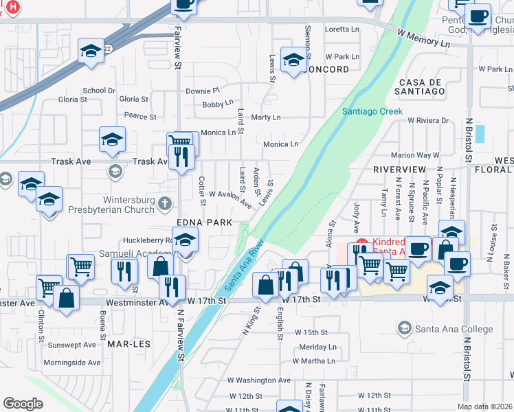 map of restaurants, bars, coffee shops, grocery stores, and more near 2109 West Avalon Avenue in Santa Ana
