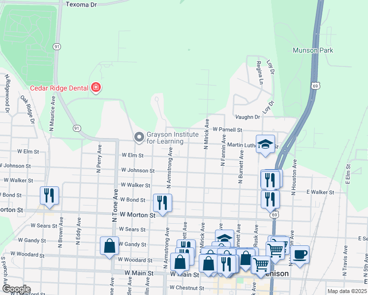 map of restaurants, bars, coffee shops, grocery stores, and more near 706 Martin Luther King Street in Denison