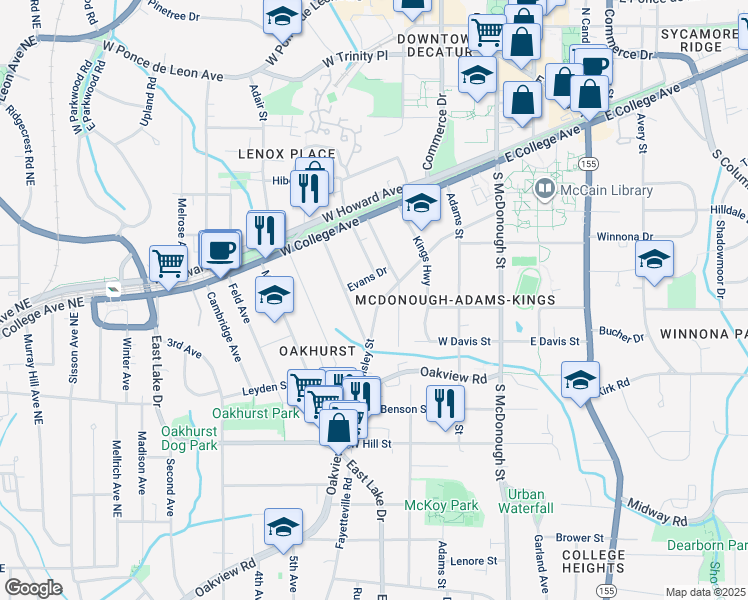 map of restaurants, bars, coffee shops, grocery stores, and more near 423 Ansley Street in Decatur