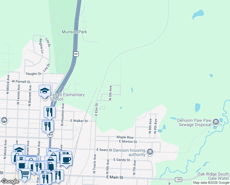 map of restaurants, bars, coffee shops, grocery stores, and more near 1004 North 5th Avenue in Denison