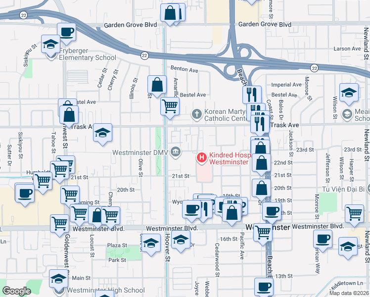 map of restaurants, bars, coffee shops, grocery stores, and more near 7565 23rd Street in Westminster