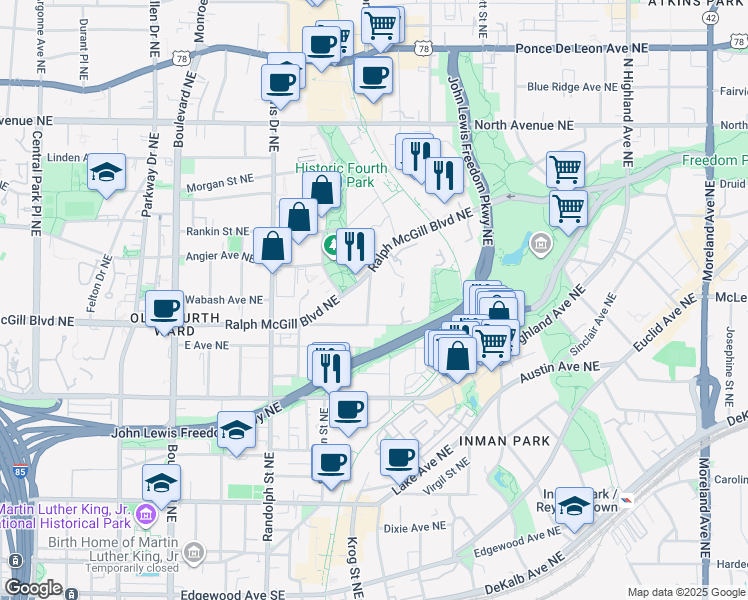 map of restaurants, bars, coffee shops, grocery stores, and more near 383 Ashley Avenue Northeast in Atlanta