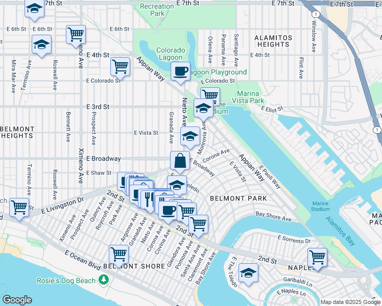 map of restaurants, bars, coffee shops, grocery stores, and more near 5201 East Broadway in Long Beach