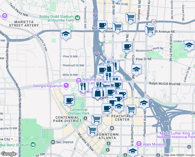 map of restaurants, bars, coffee shops, grocery stores, and more near 55 Ivan Allen Jr Blvd in Atlanta