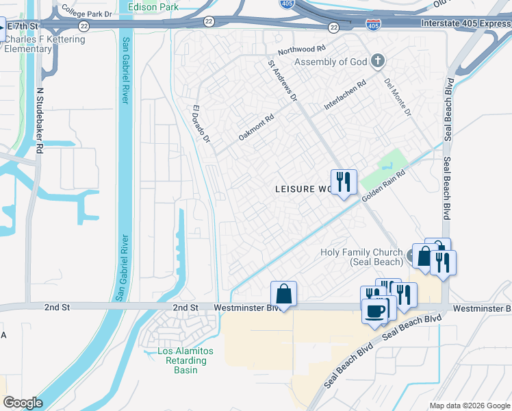 map of restaurants, bars, coffee shops, grocery stores, and more near 13620 Alderwood Lane in Seal Beach