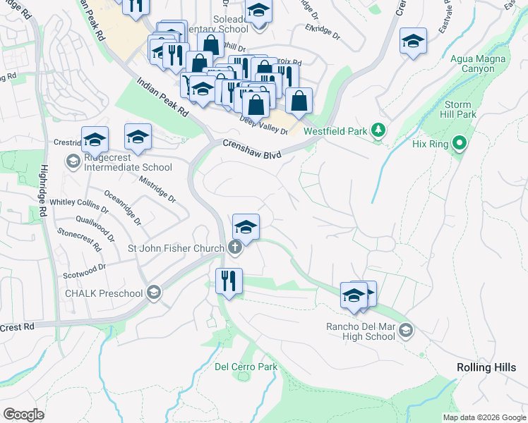 map of restaurants, bars, coffee shops, grocery stores, and more near 28817 Crestridge Road in Rancho Palos Verdes