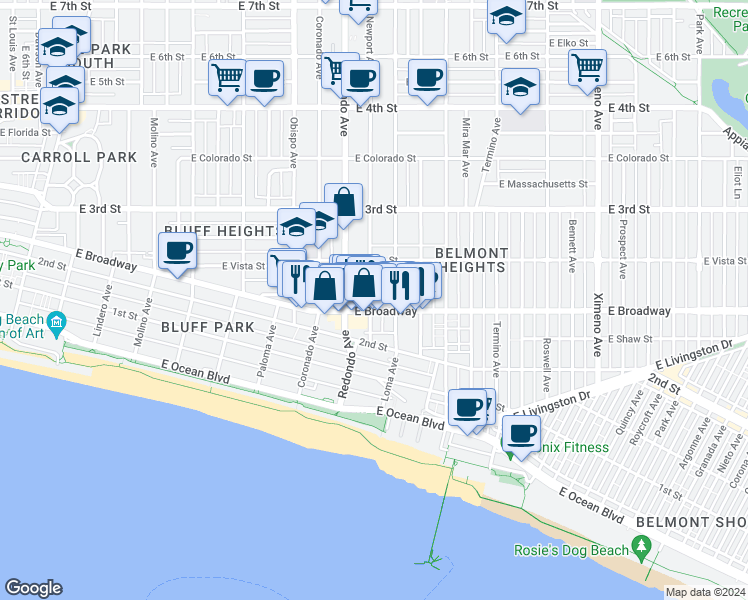 map of restaurants, bars, coffee shops, grocery stores, and more near 228 Newport Avenue in Long Beach